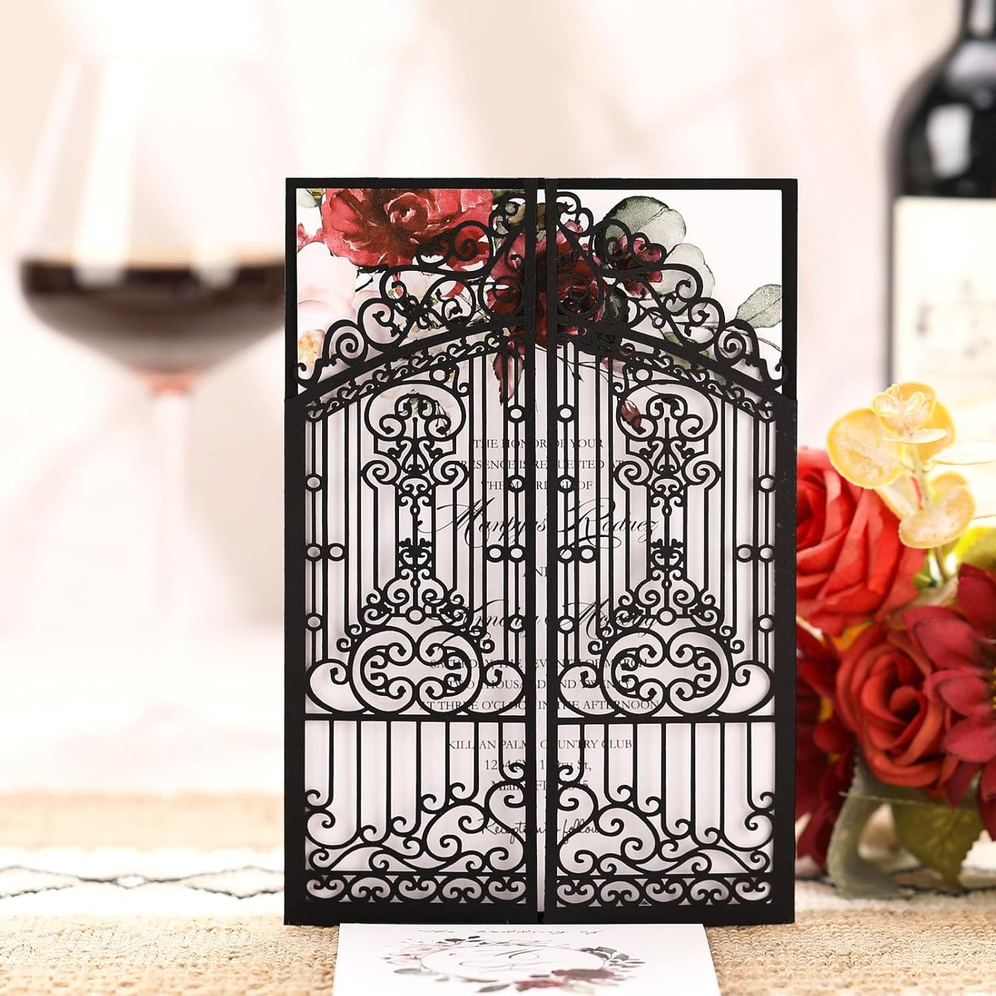 50Pcs Wedding Invitation Kit Black Fences Fold Laser Cut Invitation Pocket Personalized Wedding Card and Rsvp Card for Wedding Engagement Mermaid Birthday Party Invites