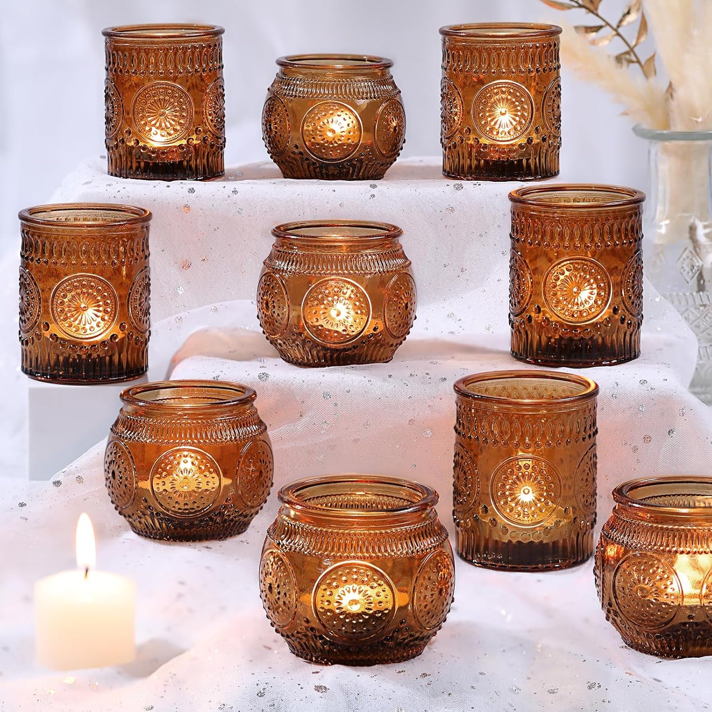 DARJEN 12Pcs Amber Votive Candle Holders - Vintage Glass Candle Holders for Flameless LED Tea Waxes, Tealight Candle Holder for Wedding & Home Table Decor, Vintage Parties