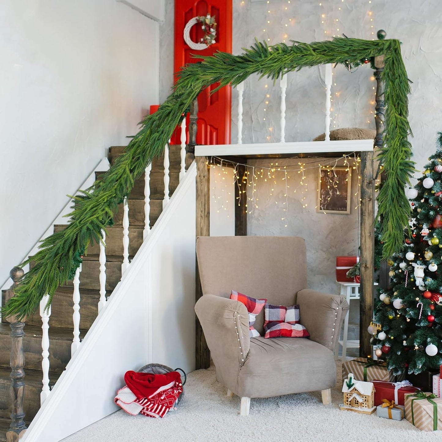 4 Pcs Artificial Norfolk Pine Garlands Christmas, 9 FT Dense Real Touch Winter Pine Garland Ornament, Green Artificial Greenery Garland for Table, Mantle, Wall, Indoor, Outdoor Christmas Decorations