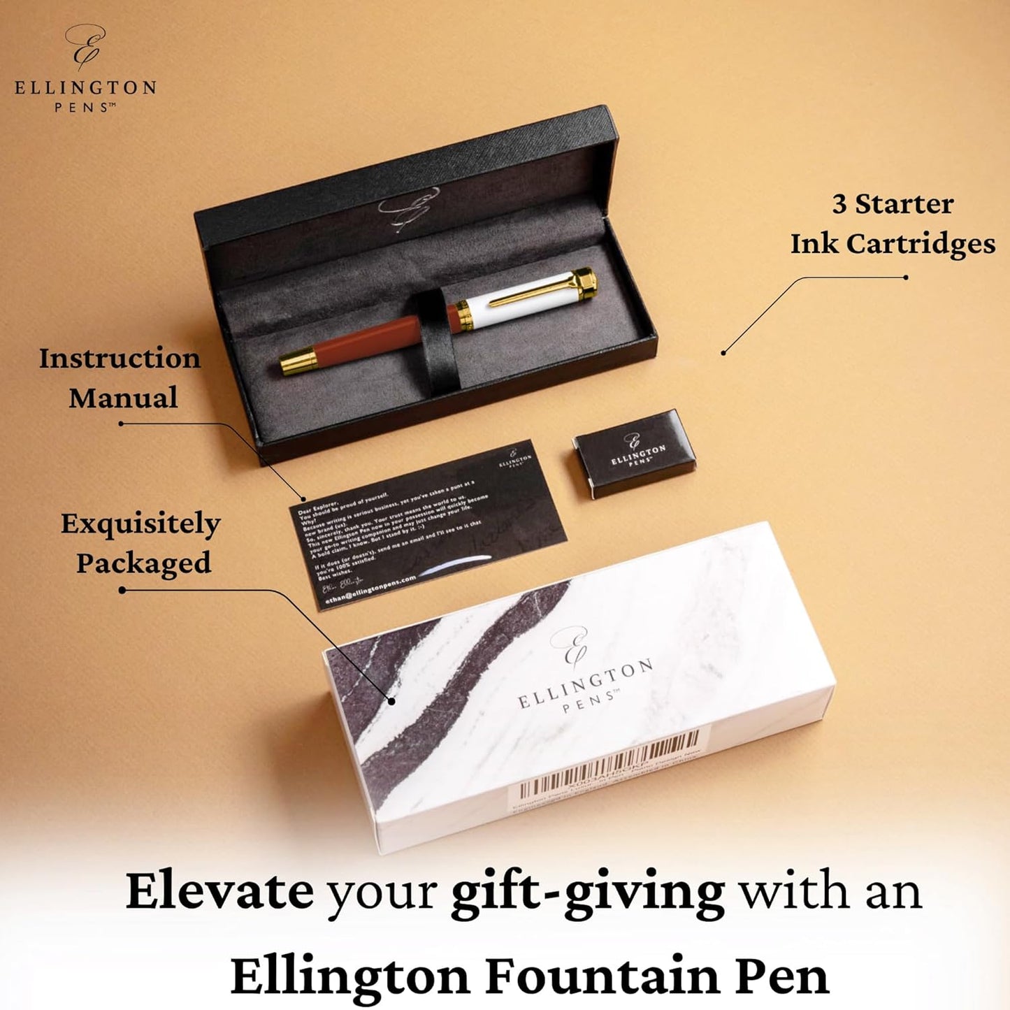 Ellington Pens Luxury Fountain Pen Set- Fountain Pens for Writing - Smooth Fine Nib - Includes Refillable Ink Converter, 3 Ink Cartridges [Black & Blue], Gift Box - Elegant Calligraphy