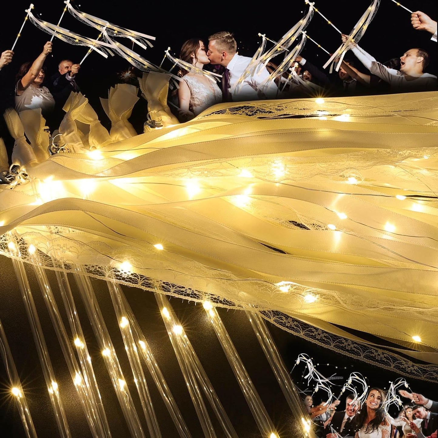 25 Pcs Wedding Wands Ribbon Streamers with 3 Colorful Flashing Modes, Light up LED Silk Fairy Wands, Glow Lace Stick with Bells for Wedding Reception, Graduation, New Year, Birthday Party (Warm White)