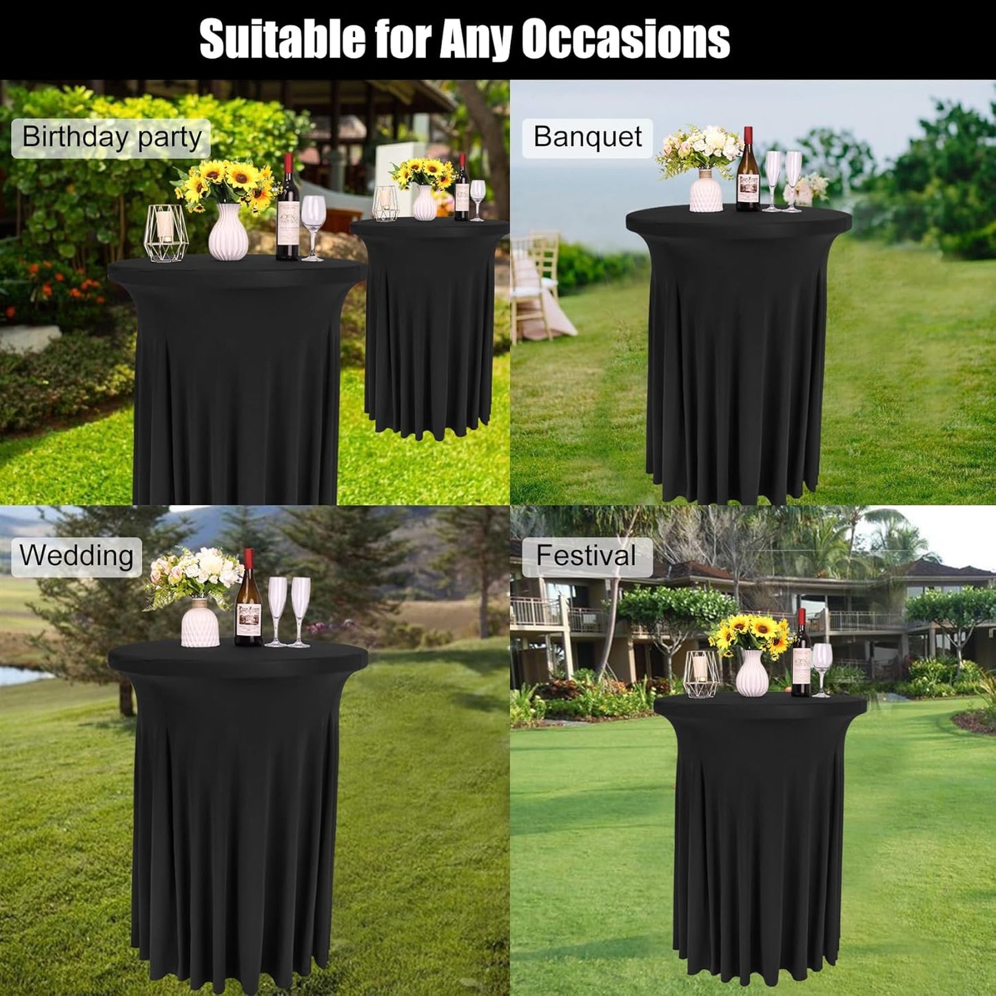 6 Pack Round Cocktail Tablecloth 32"x 43" Spandex Cocktail Table Skirt, Washable Stretch Fitted Table Covers for High Top Bar,Wedding,Party,Events (Black)