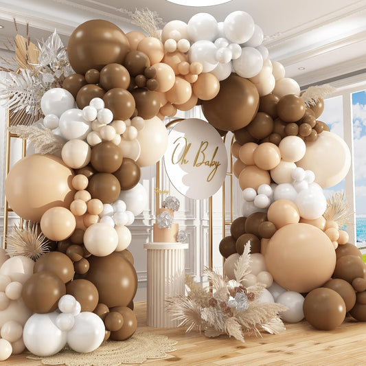 412Pcs Netural Balloon Garland Arch Kit, 5 10 12 18inch Brown Balloon Garland Arch Kit for Birthday Teddy Bear Baby Shower Neutral Party Decoration