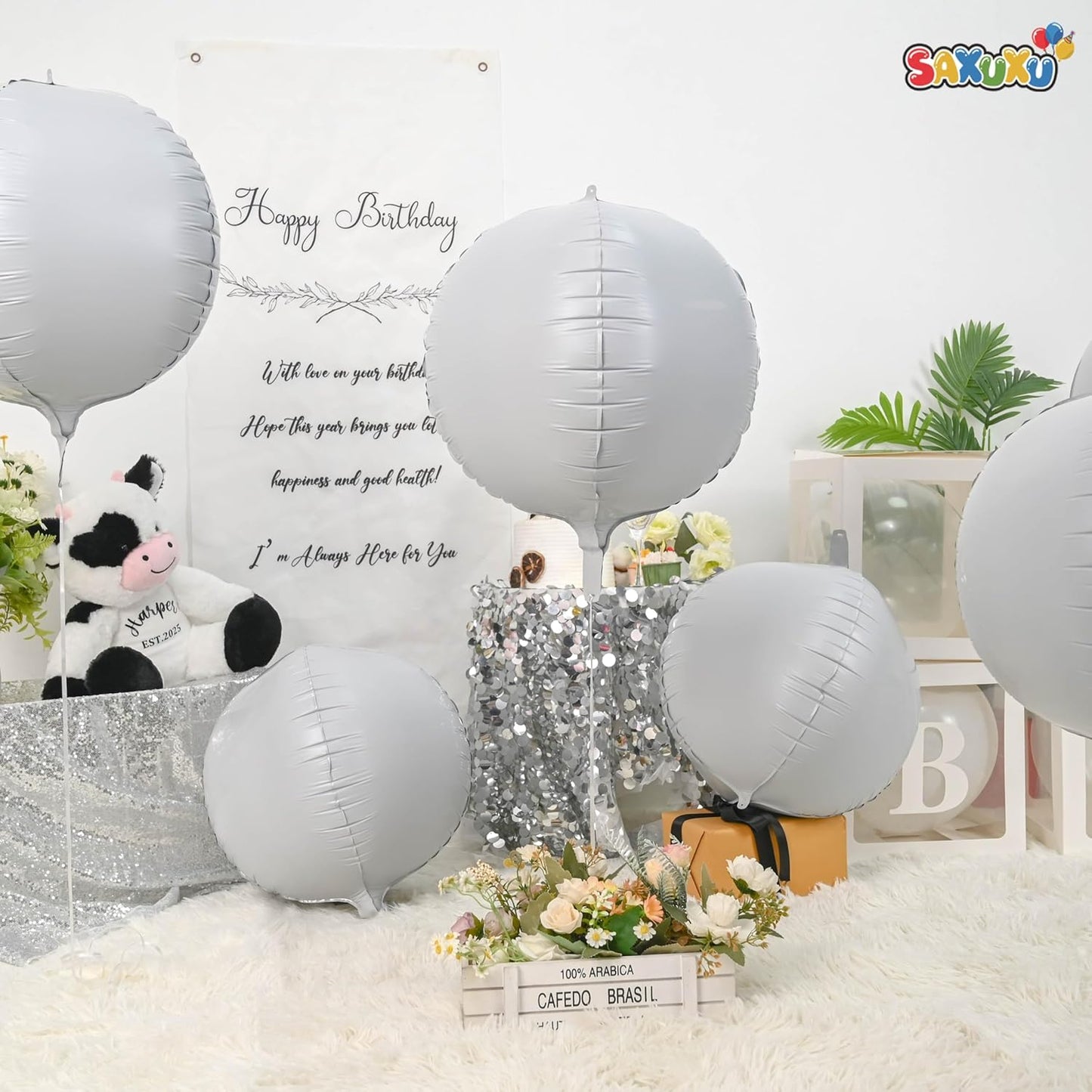 Giant 4D Foil Balloons, 6Pcs Large Metallic White Round Balloons, 22 Inch Big Round Foil Balloon for White Birthday Party Baby Shower Wedding Decorations