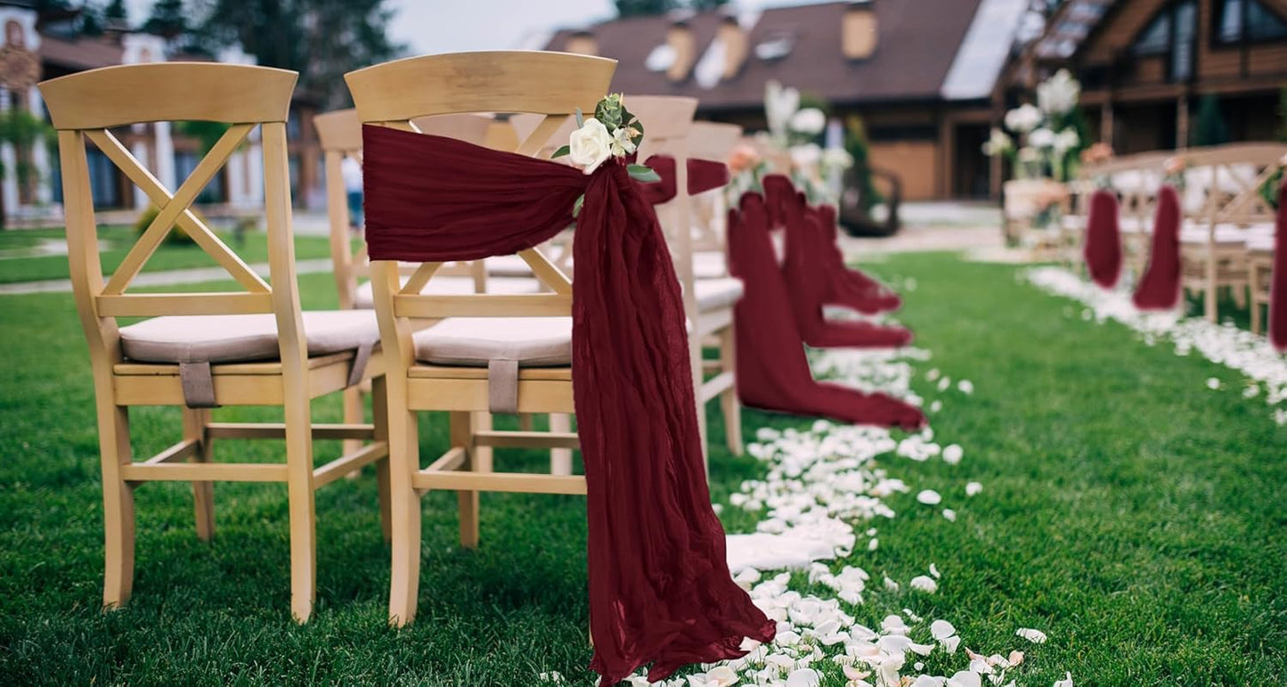 50 PCS Cheesecloth Chair Sashes, Bows Designed ChairSashes, 15.7x70 inch Chair Sashes for Aisle Decorations Universal Chairs Cover Decoration for Wedding Reception Party Banquet (Burgundy)