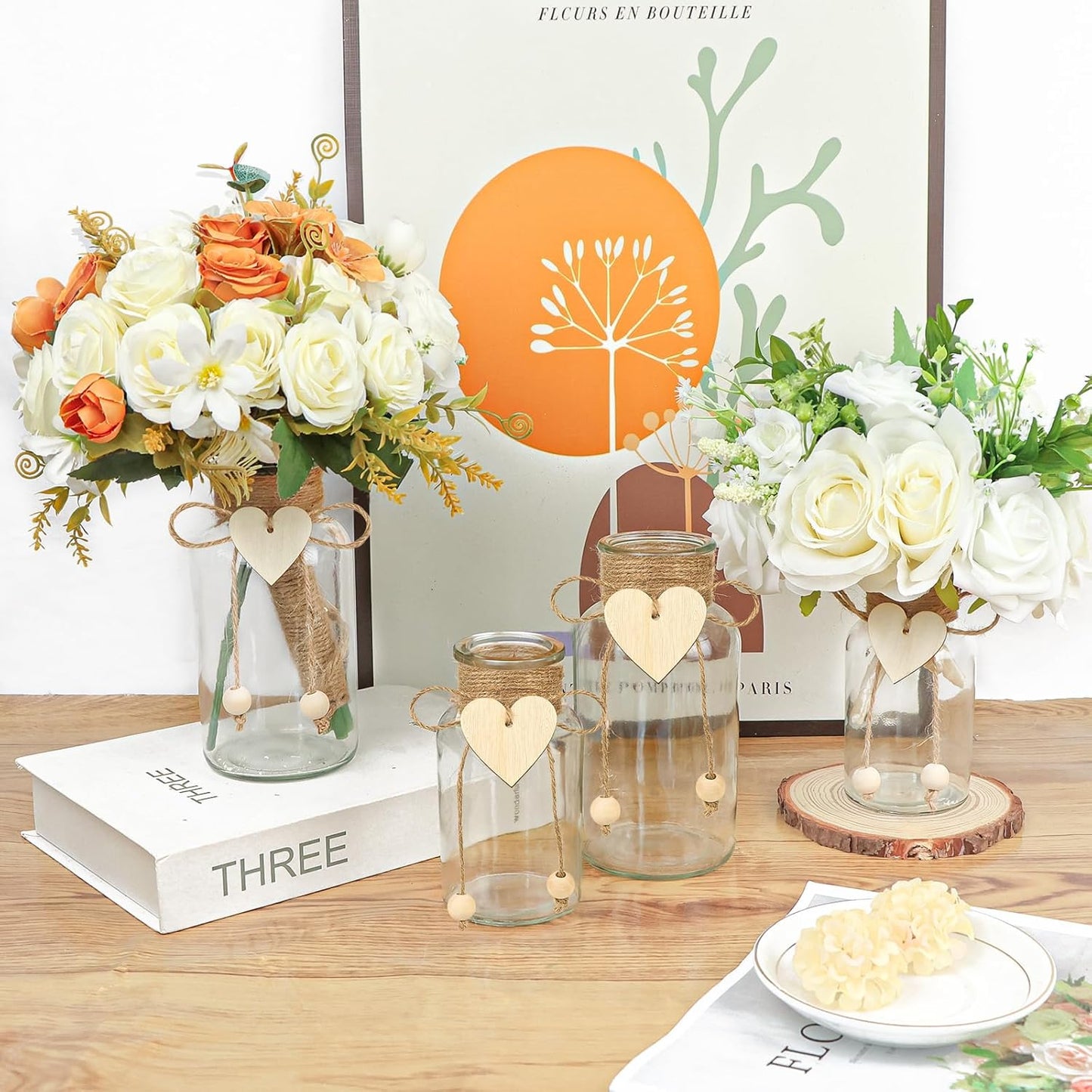 Vintage Glass Vases for Flowers, Set of 6 Mason Jar Vase Table Centerpieces for Farmhouse Room Decor, Wedding, Bridal Shower Bud Vase Set (Small)