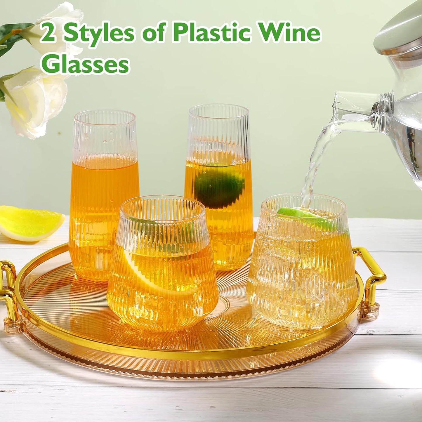 mwellewm 48 Pcs Plastic Wine Glasses Disposable Ribbed Cocktail Cups Set 9 OZ Stemless Champagne Flutes 12 OZ Origami Shatterproof Reusable Clear Party Cup for Wedding Home Office Bar Drinking