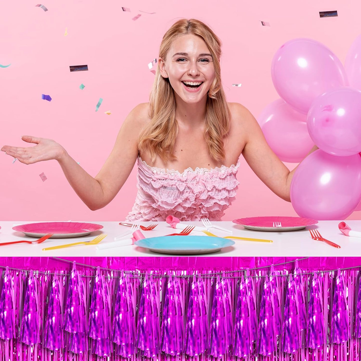 Hysilla Fuchsia Foil Fringe Metallic Tassel Streamers Banner Tassel Garland for Parade Floats, Bachelorette, Wedding, Birthday, Halloween, Christmas, Bridal/Baby Shower Party Decorations