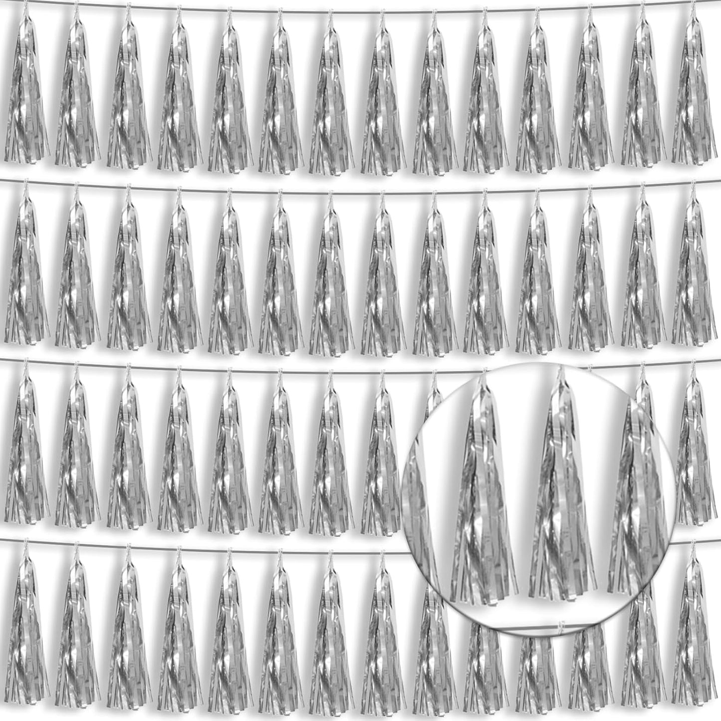 4P Silver Foil Fringe Tassel Banner Garland Metallic Tinsel Streamers Wall Hanging Curtain Backdrop Banners for Parade Floats, 2024 Graduation Decorations, Christmas, Wedding Party Decoration