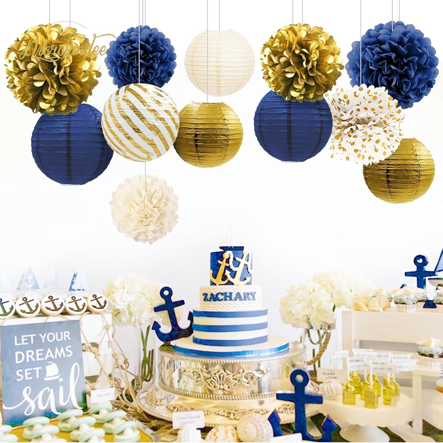 NICROLANDEE Navy Blue and Gold Decorations, 12PCS Hanging Paper Lanterns Tissue Pom Poms Decor for Graduation Party, Winter Wedding, Mens Birthday, Memorial Day Decorations, New Years Party Supplies