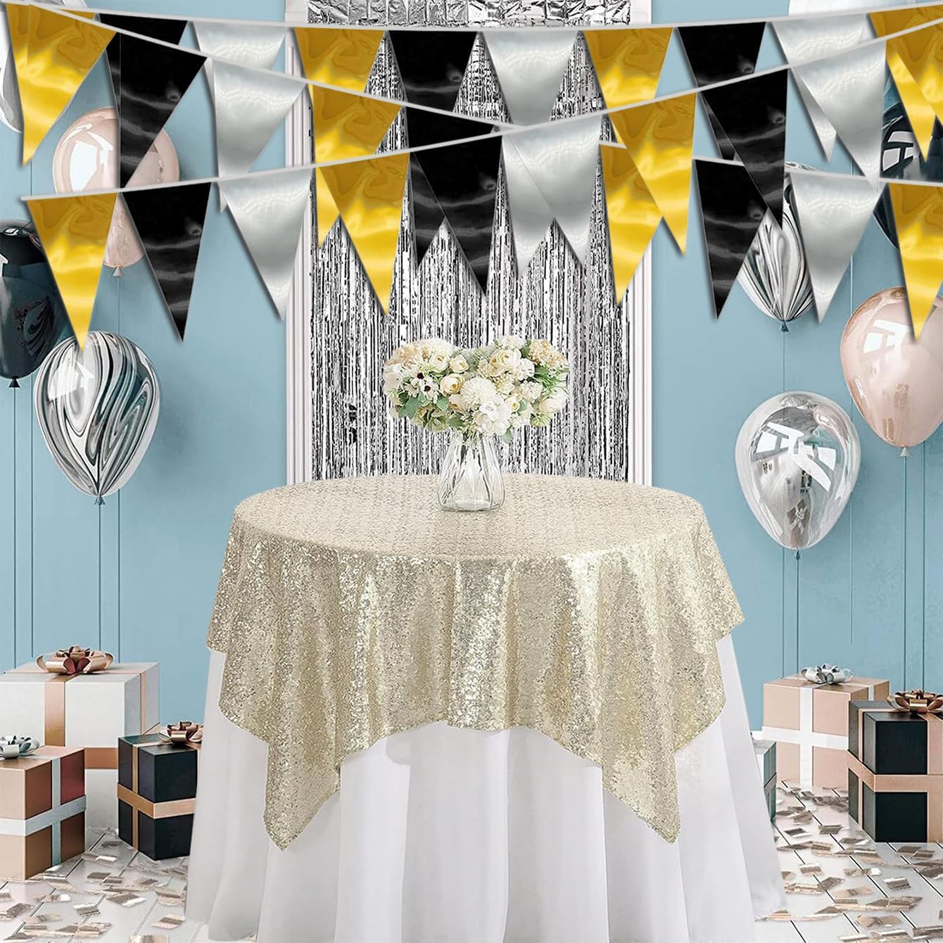 20M/65FT Black Gold Silver Triangle Pennant Banner Flag Metallic Fabric Bunting Garland for Christmas Wall Hanging,Graduation Decorations, New Years Decorations,Father' Da