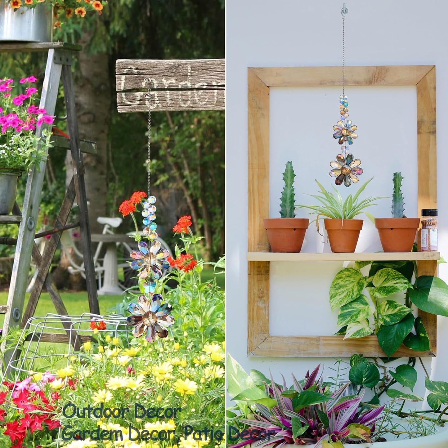 Crystal Flower Suncatcher Hanging Ornament, Rainbow Maker Window Sun Catcher Indoor Outdoor Patio Garden Decor (Deep Multicolor)