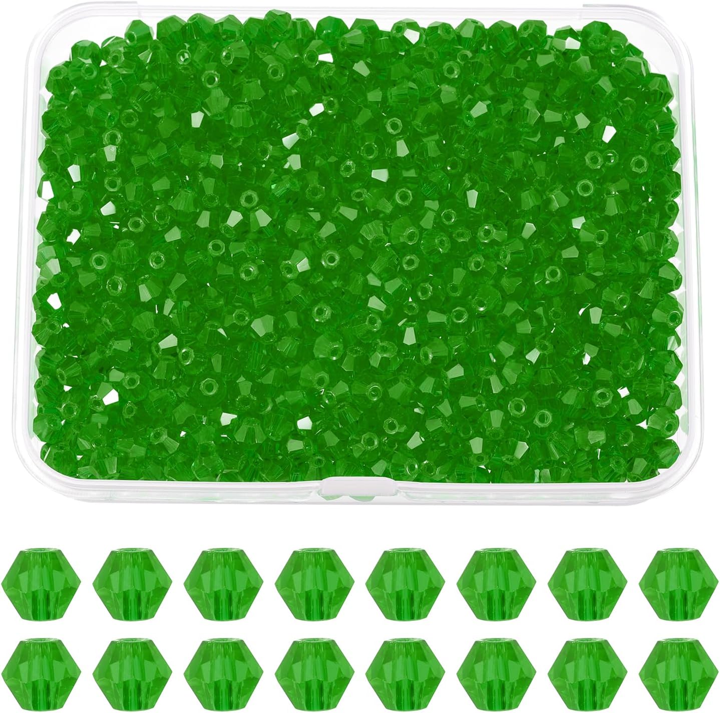 PATIKIL 1000pcs 3mm Bicone Glass Crystal Beads, Faceted Glass Spacer Beads with Box for Jewelry Making Bracelet Necklace Earrings DIY Suncatcher Craft, Grass Green