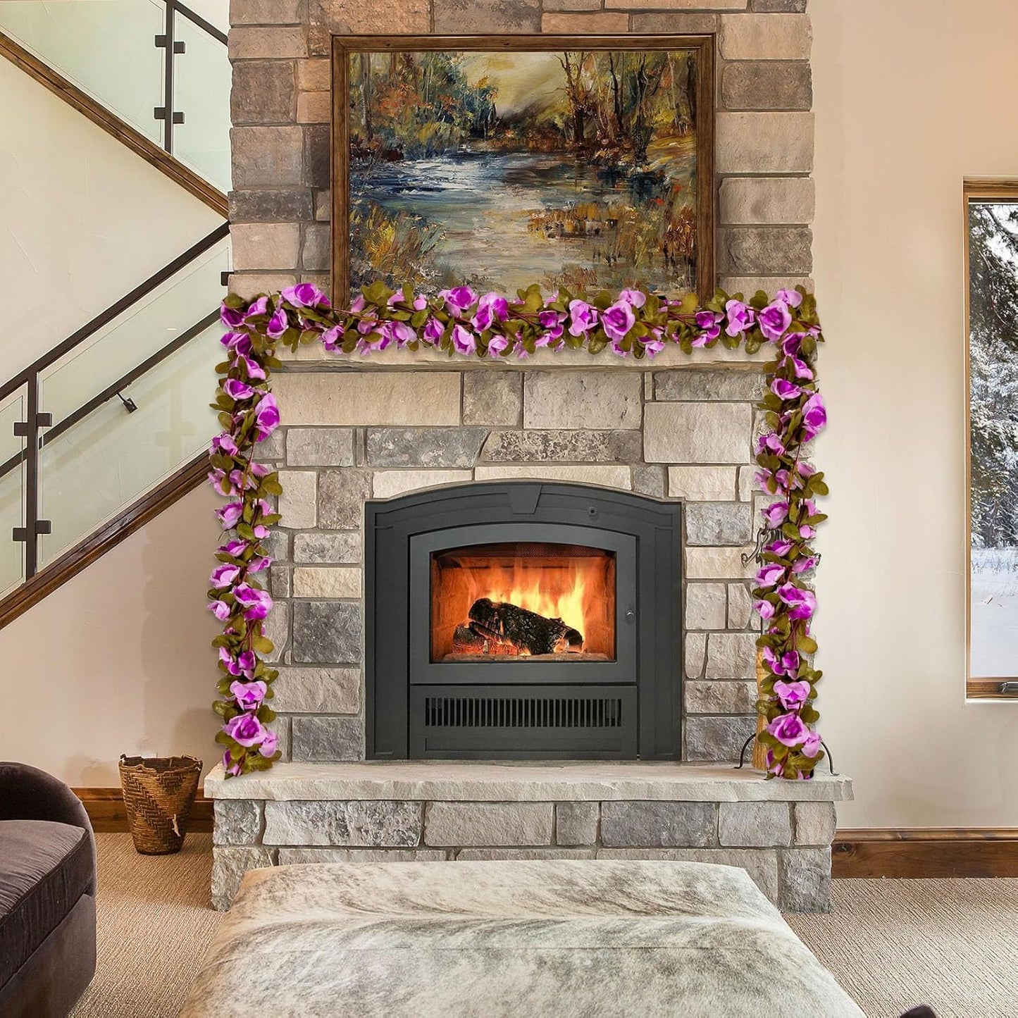 8Pcs 63Ft Light Purple Rose Garland, Fake Rose Hanging Flowers, Artificial Flower Vine, Hanging Floral Vine Garland for Wedding, Birthday Party, Wall Arch, Halloween, Christmas Garden Backdrop Decor