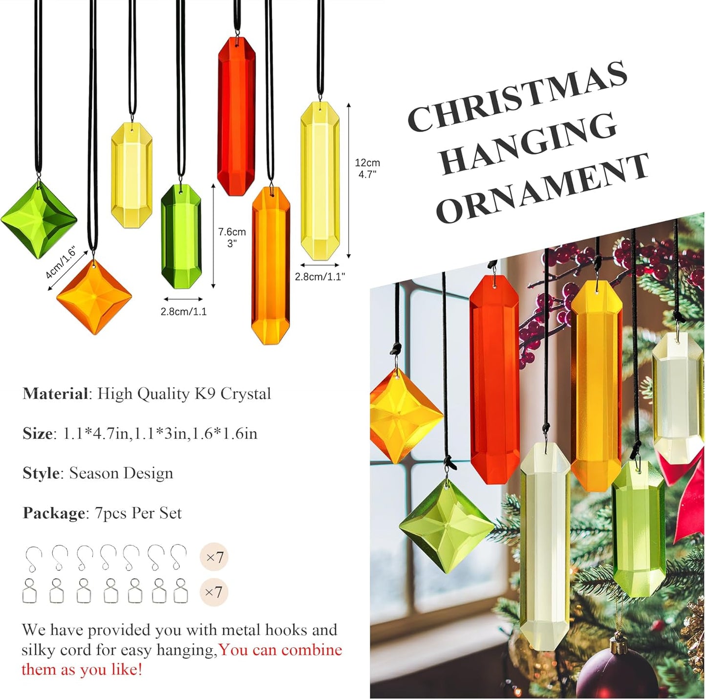 Set of 7 Colorful Crystal Ornaments for Window Hanging, Crystal Prisms Icicle Ornaments, Stained Gass Art Suncatcher for Indoor Window for Women