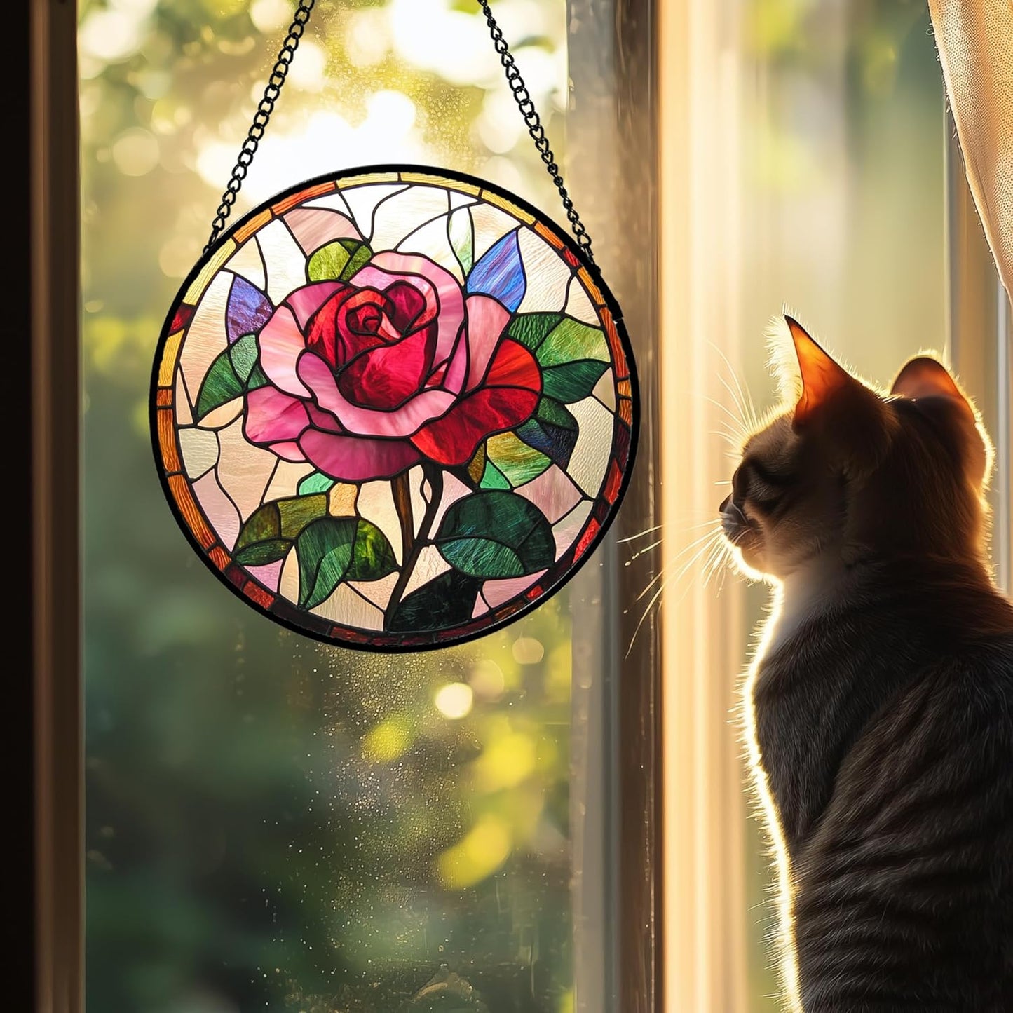Stained Glass Window Hanging - Pink Rose Suncatcher for Door Garden Home Decor Birth Flower Sun Catcher Christmas Birthday for Friend Lovers Women Mom Nana 9.8 in