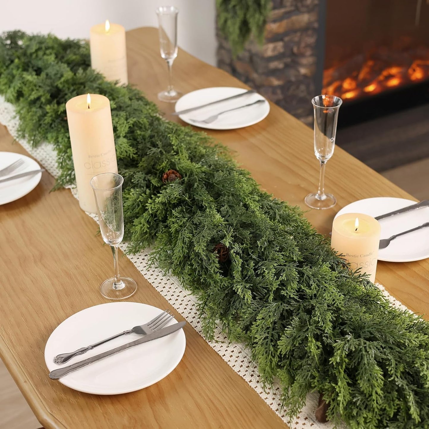 Christmas Cedar Garland - 5ft Artificial Cedar Garland Faux Lush Green Fake Pine Needles for Fireplace,Table,Window,Stairs,Mante,Holiday Indoor Outdoor Xmas Decor(1PCS)