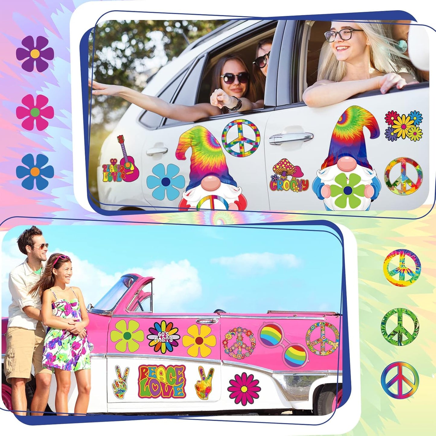 25 Pieces Car Magnet Decorations 60s Hippie Theme Party Magnetic Decals Fridge Magnets Flower Peace Car Magnetic Sticker Love Sign Colorful Hippie Decals for Refrigerator Mailbox Decor