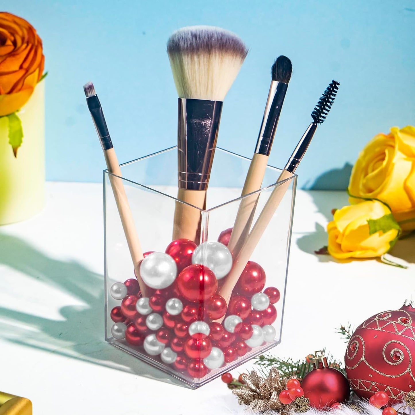 300Pcs Red&White Polished No Hole Pearl Beads Vase Filler, Christmas Vase Filling Decorations, Plastic Pearls, Table Scatters, Wedding Home Decor, 8/14/20 mm