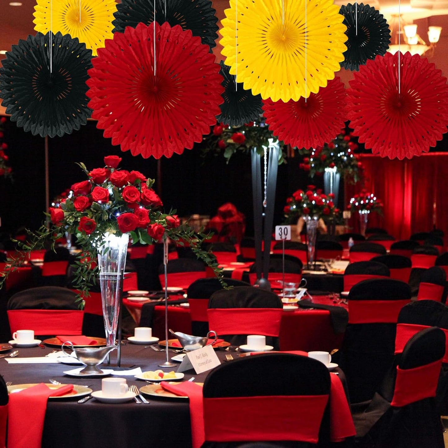18 Pcs Black Red Yellow Hanging Honeycomb Paper Fans, Round Paper Fan Decorations for Weddings, Birthdays, Bachelorette, Photo Booth Backdrops, Baby Shower, Anniversary Events Party Supplies