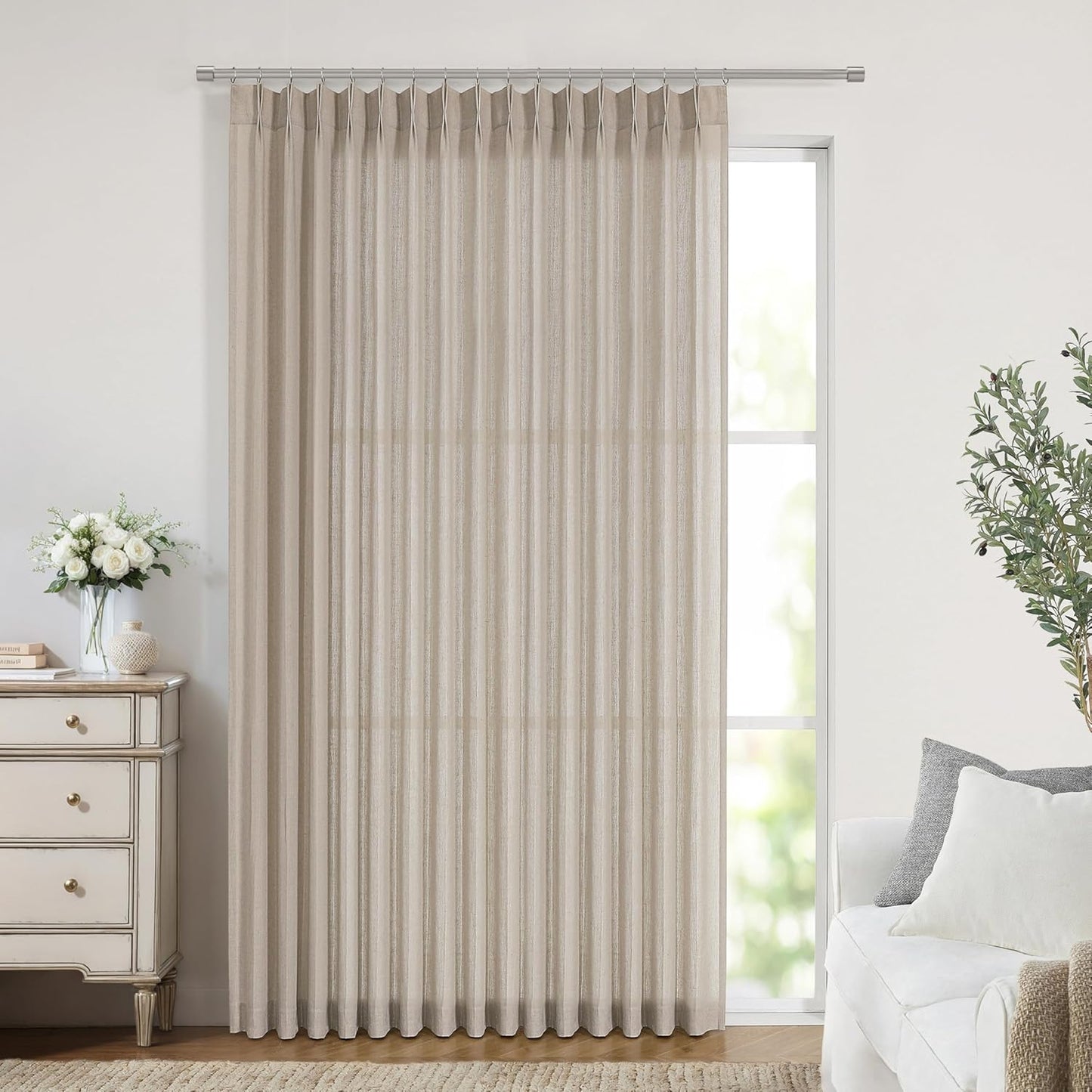 Vision Home Sand Pinch Pleated Semi Sheer Curtains Textured Linen Blended Light Filtering Window Curtains 95 inch for Living Room Bedroom Patio Pinch Pleat Drapes with Hooks 1 Panel 84" Wx95 L