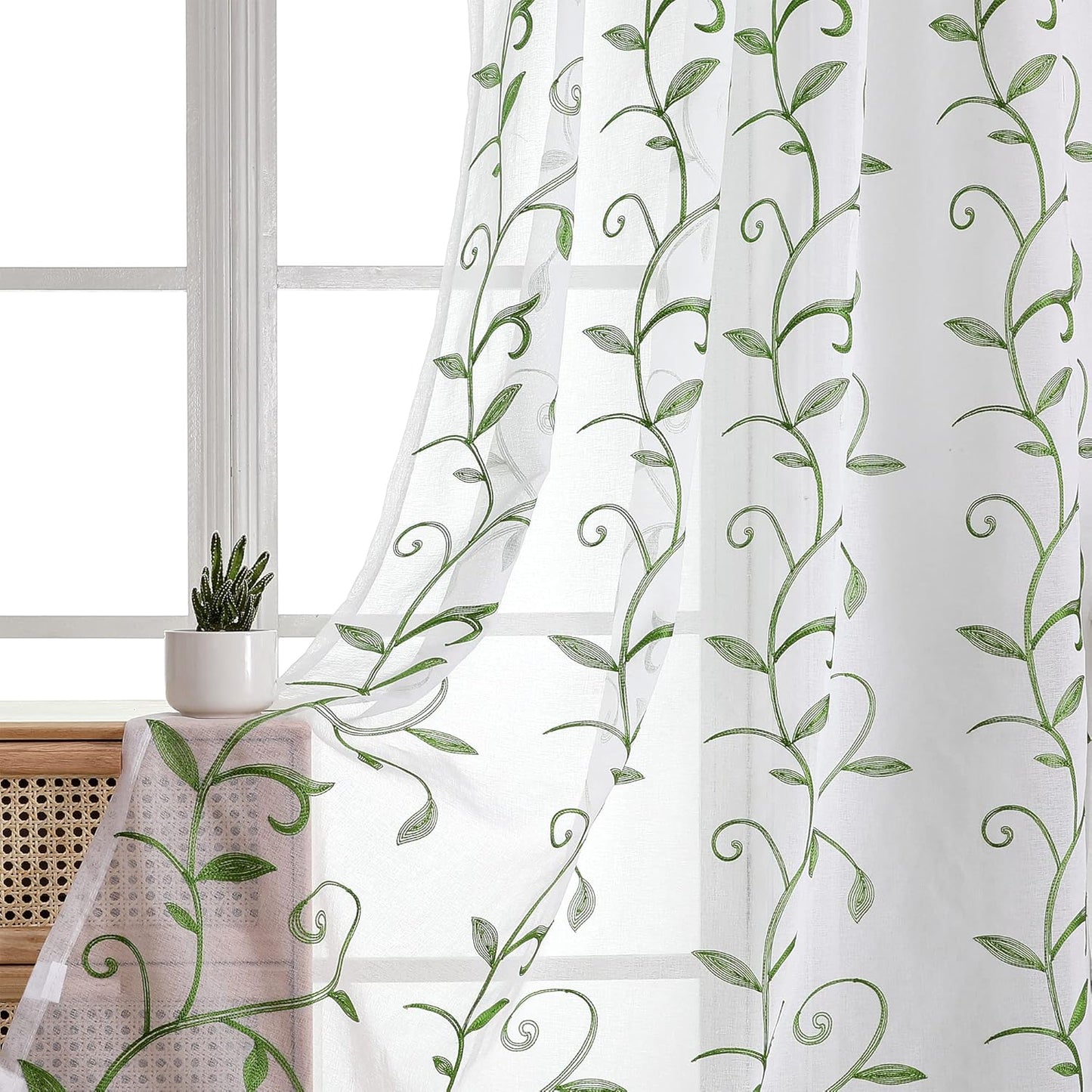 VISIONTEX Embroidered Green Sheer Voile Curtains, Leaves Embroidery Faux Linen Rod Pocket Window Drapes for Living Room and Girls Bedroom 54 x 95 Inch, Set of 2 Curtain Panels