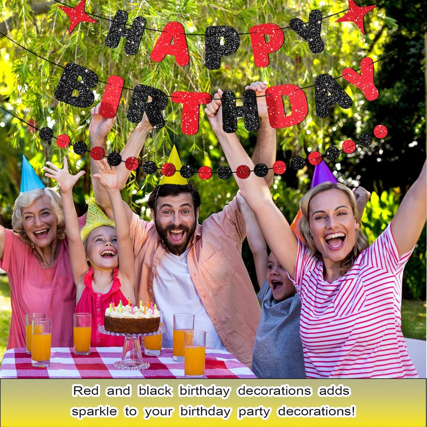 Red and Black Happy Birthday Banner Glitter Garland for Black and Red Decorations Happy Birthday Decorations for Women Men Boys Girls 25st 30st 40st 50th 60st Party Decor
