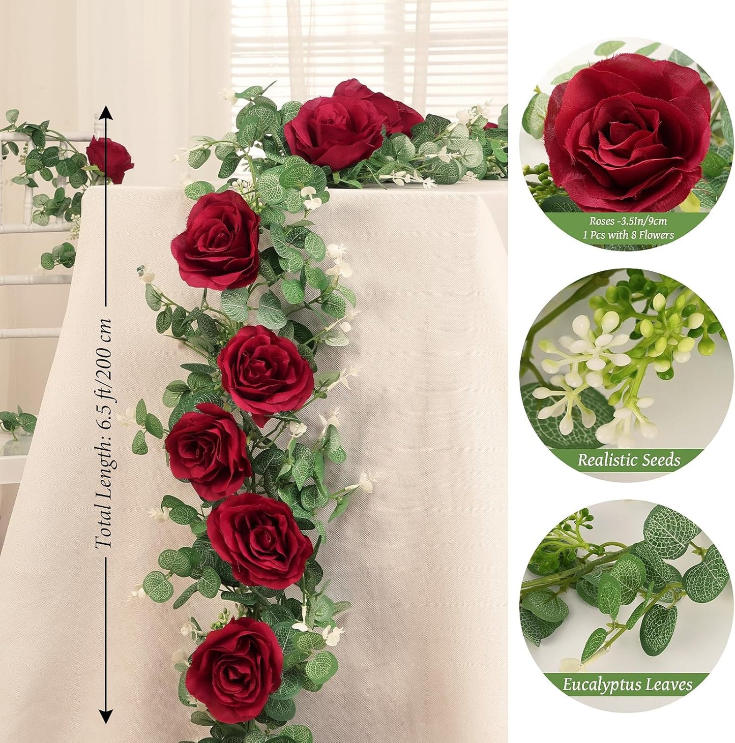 Dolicer 2Pcs 13Ft Artificial Eucalyptus Garlands with Flowers - 8 Roses, Faux Floral Greenery Garlands Fake Flowers Vines for Wedding Table Centerpieces Arch Party Ceremony Backdrop Decor (Red)