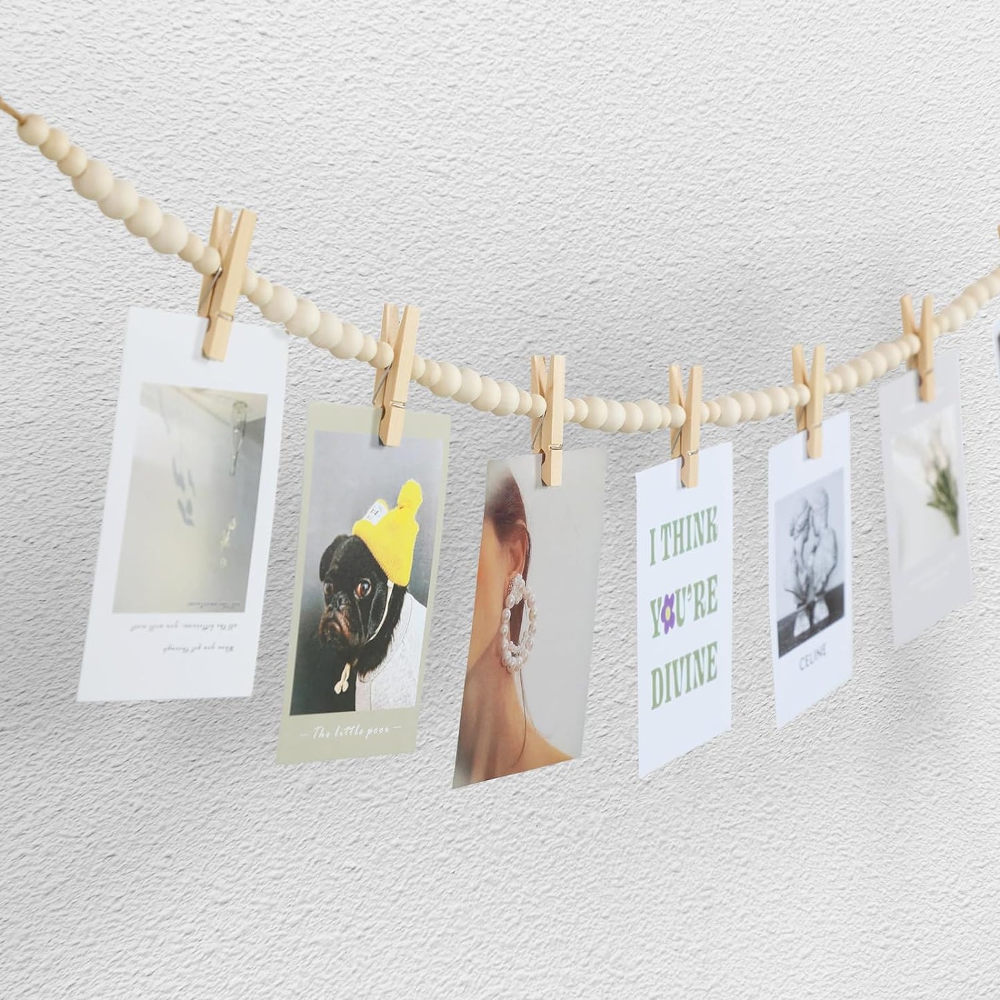 Hanging Photo Display Wall Decor, 2PCS Boho Wooden Bead Garland Collage Picture Frame with 9 Wood Clips for Bedroom, Living Room, Office, Dorm Decor, Photos Holder Teen Girl Gifts