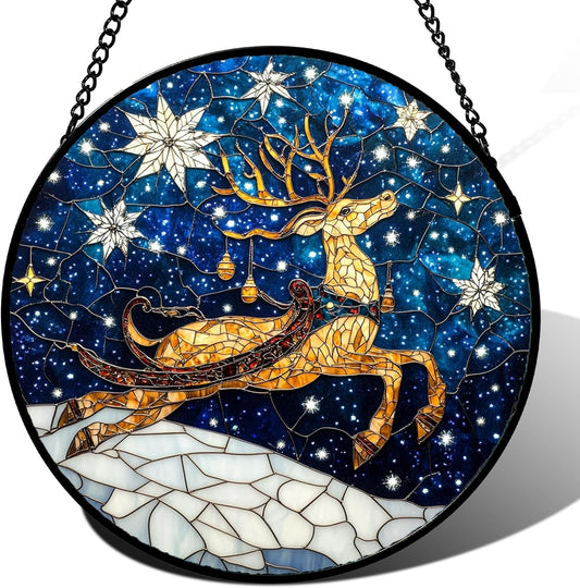 Stained Glass Window Hanging - Reindeer Blue Starry Sky Suncatcher for Doors Home Christmas Decoration Winter Sun Catcher Thanksgiving New Year Birthday Gifts for Women Men Mom Nana 7.8 in
