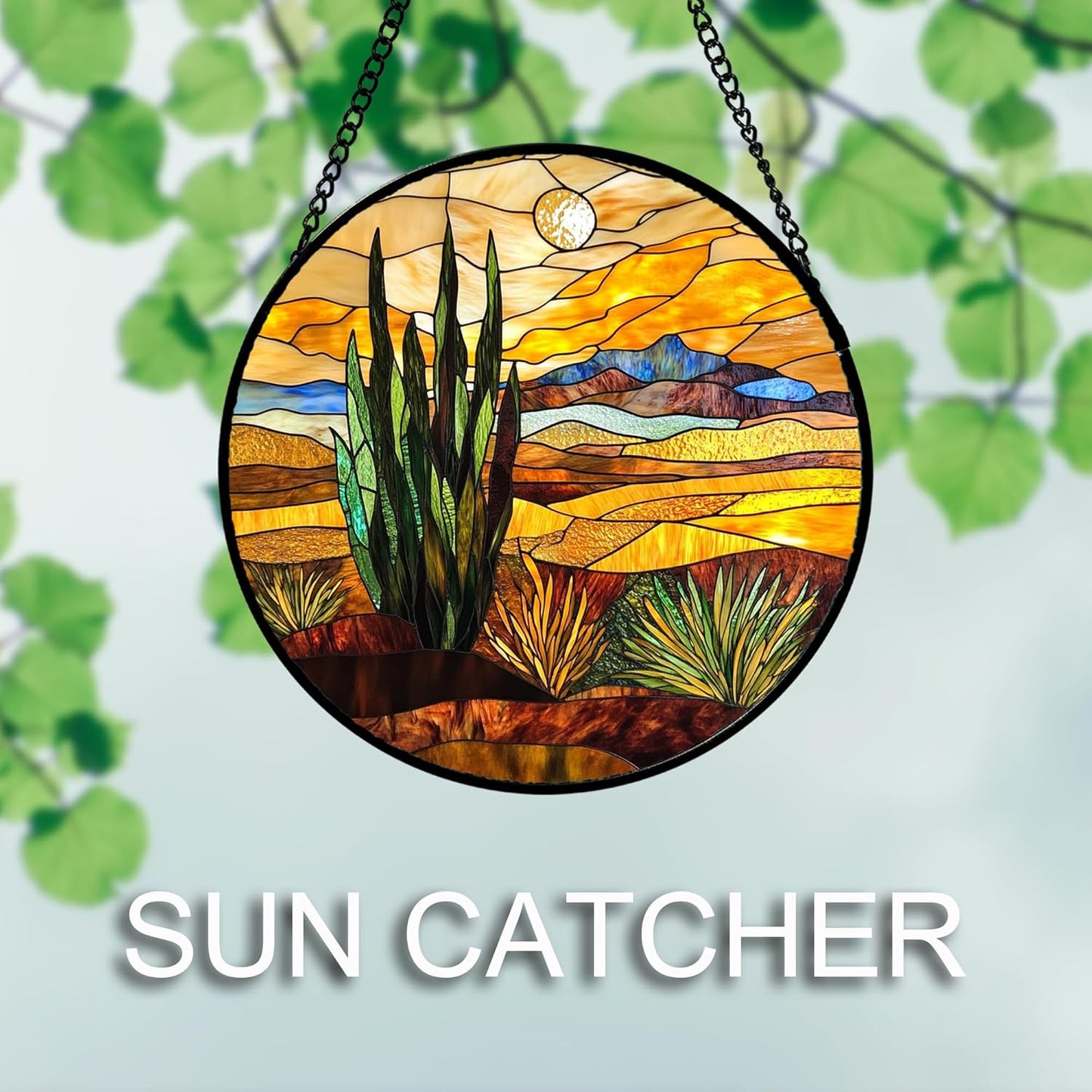 Stained Glass Window Hanging 4 Pcs Set Desert Sunset Theme Landscape 9.8" - Suncatcher Door Garden Sun Catcher Decor Birthday Christmas for Mom Woman Nana Men