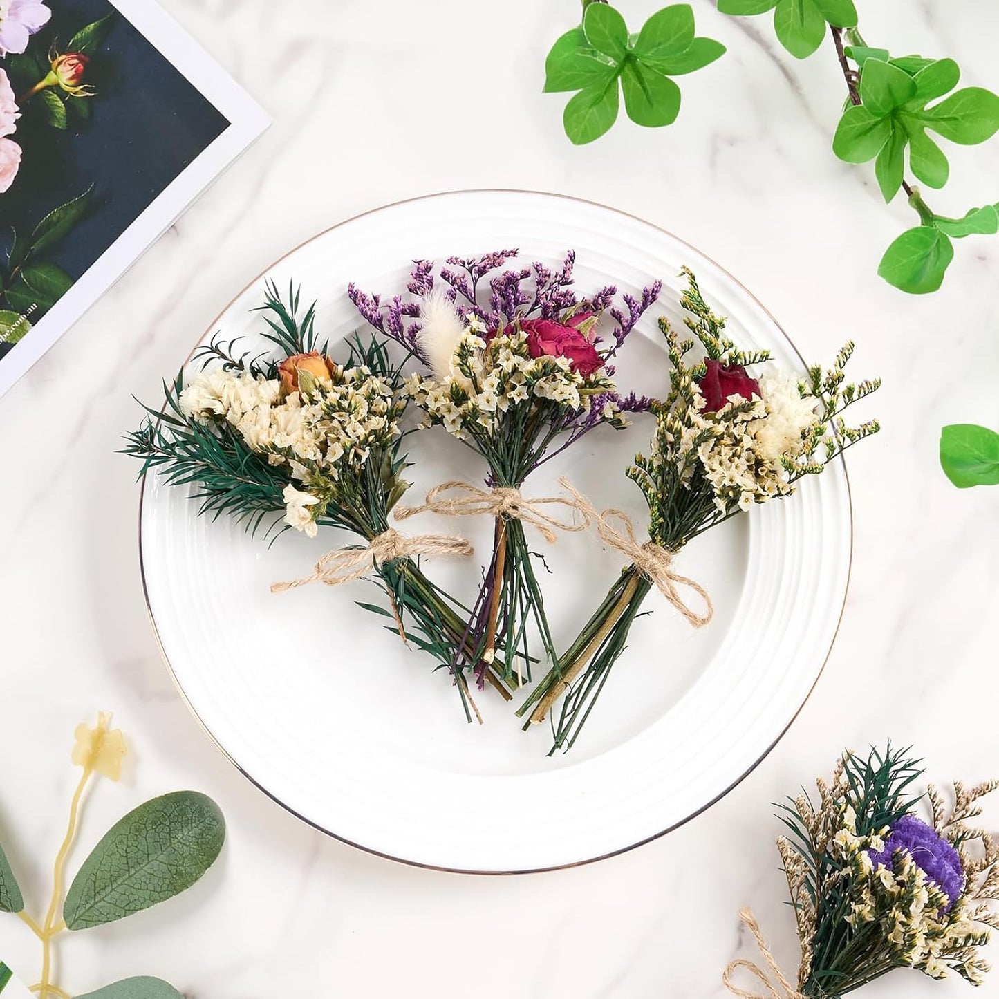 12/24 PCS Charming Dried Flowers Bouquet for Vase Various Dried Wildflowers with Stems Mini Handmade Wildflowers Natural Real Flowers Bulk Flowers Craft (White Series, 12 PCS)