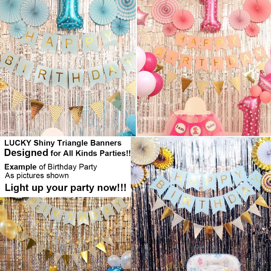 Sparkly Paper Pennant Banner Triangle Flags Bunting 8.2 Feet and Tissue Paper Tassels Garland 15 pcs for Baby Shower, Birthday Party Decorations, Metallic Gold