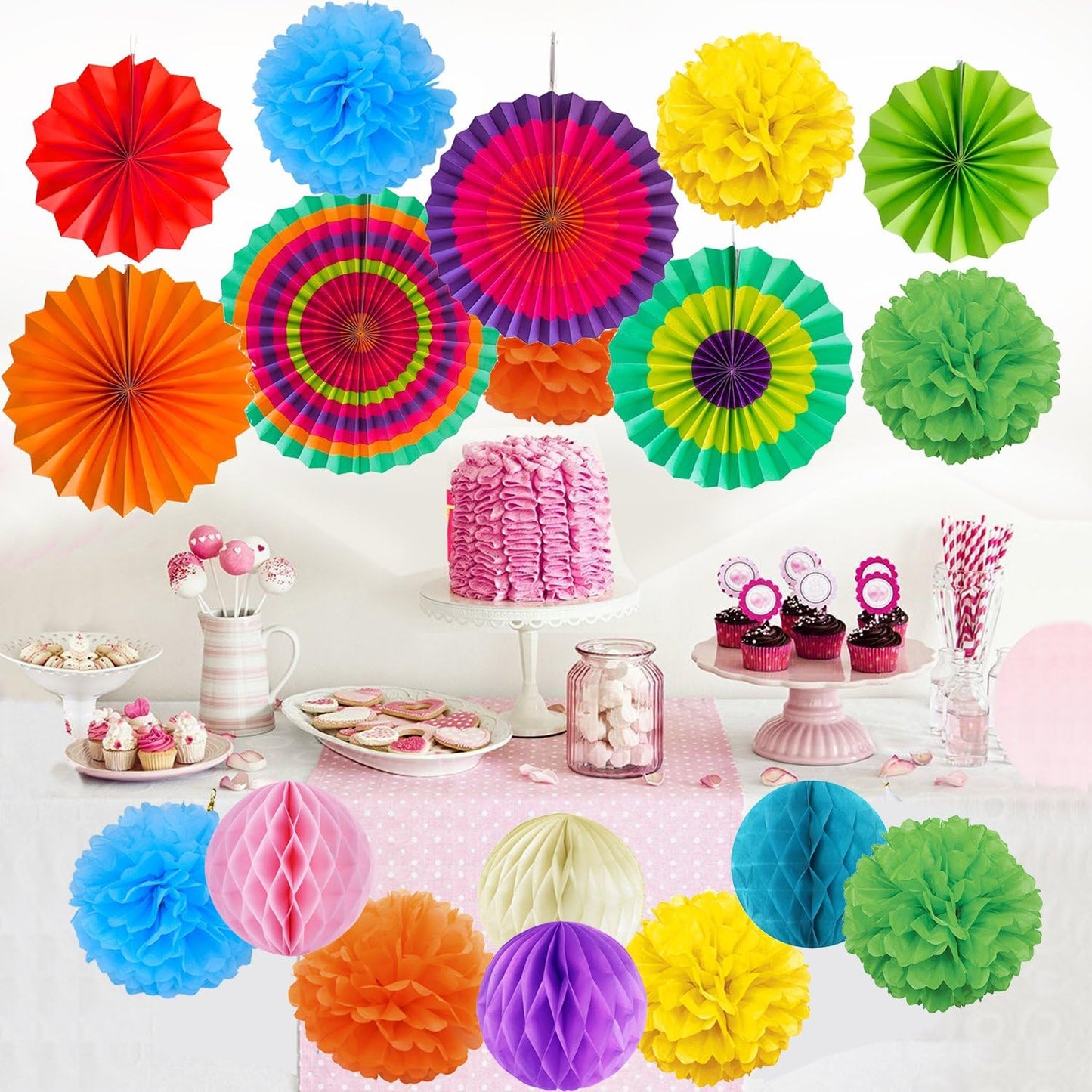 Hanging Paper Fans Tissue Paper Pom Poms Flower and Honeycomb Balls for Birthday Party Wedding Festival Christmas Decorations - Colorful