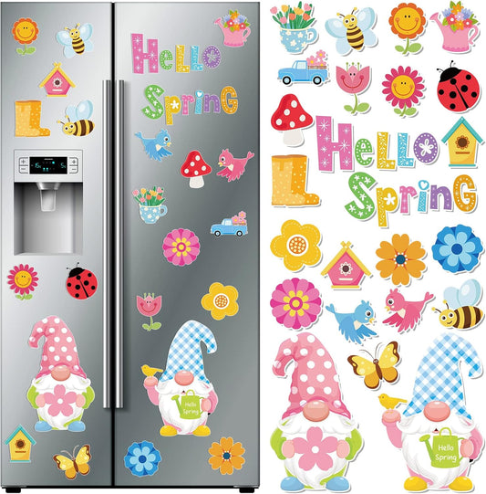 25 Pcs Hello Spring Magnet Car Decorations Colorful Waterproof Flowers Automotive Magnet Stickers Refrigerator Bee Butterfly Gnome Magnets Home Decor Party Supplies for Cars Office Whiteboard