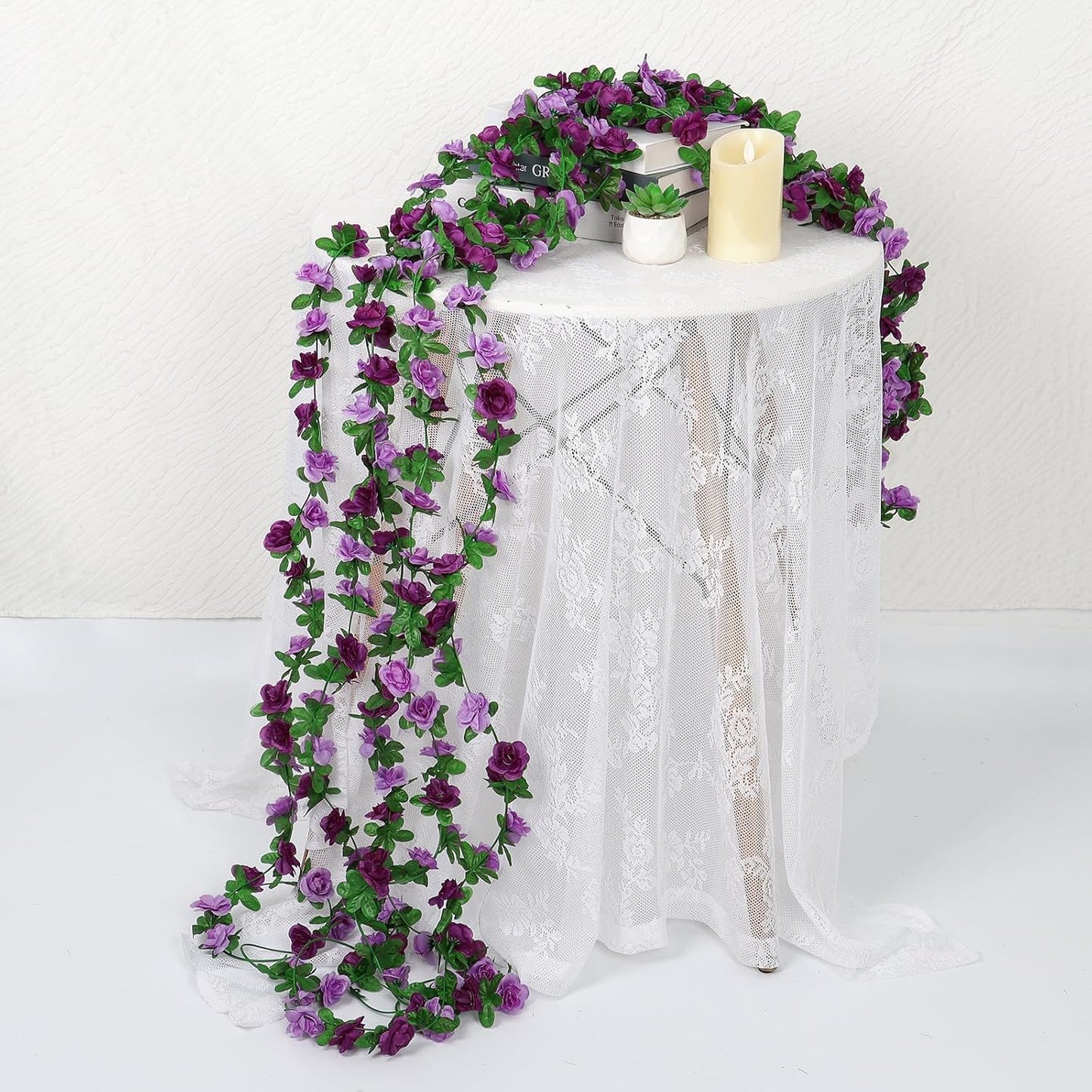 KHOYIME 9 Pack 72 FT Artificial Flower Garland, Fake Purple Roses Vines Silk Flowers Faux Plastic Outdoor Hanging Floral Ivy Garland Decoration for Wedding Arch Bedroom Home Wall Backdrop Room Decor
