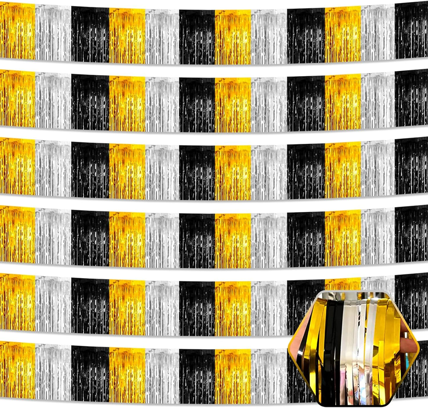 6 Pack 10 Feet Black Gold Silver Foil Fringe Garland Metallic Tinsel Streamers Banner Wall Hanging Curtain Backdrop for Parade Floats, Birthday, Graduate, Mother's Day, Wedding Party Decoration