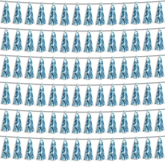 6P Light Blue Foil Fringe Metallic Tassel Streamers Banner Tassel Garland for Parade Floats, Bachelorette, Wedding, Birthday, Graduation, Christmas, Bridal/Baby Shower Party Decorations