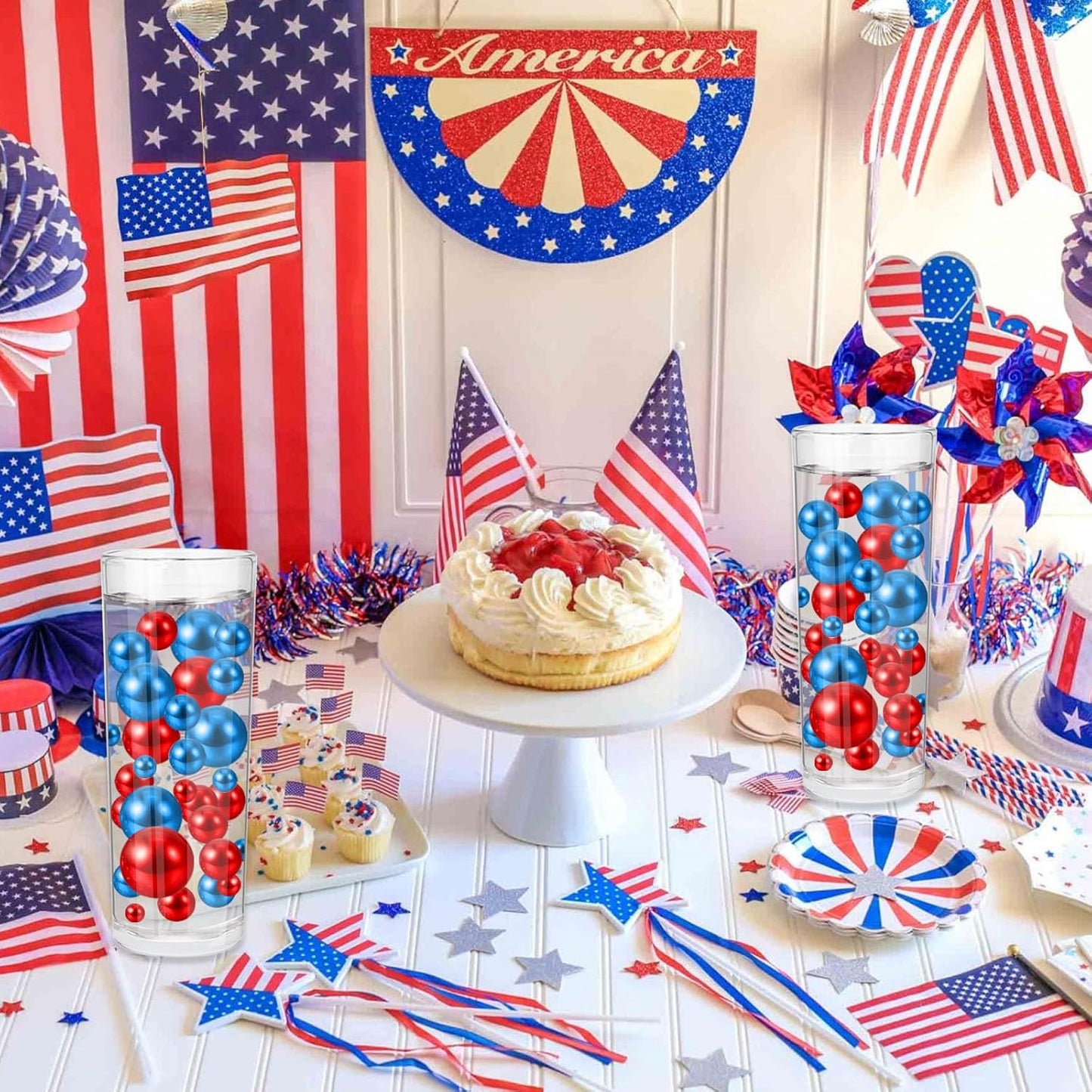 100PCS Red Blue Faux Pearls Beads for Centerpiece Vases, Vase Filler Faux Pearls, No Holes Filler Beads for Independence Day Party Anniversary Fourth of July Table Decor, 14/20/30mm