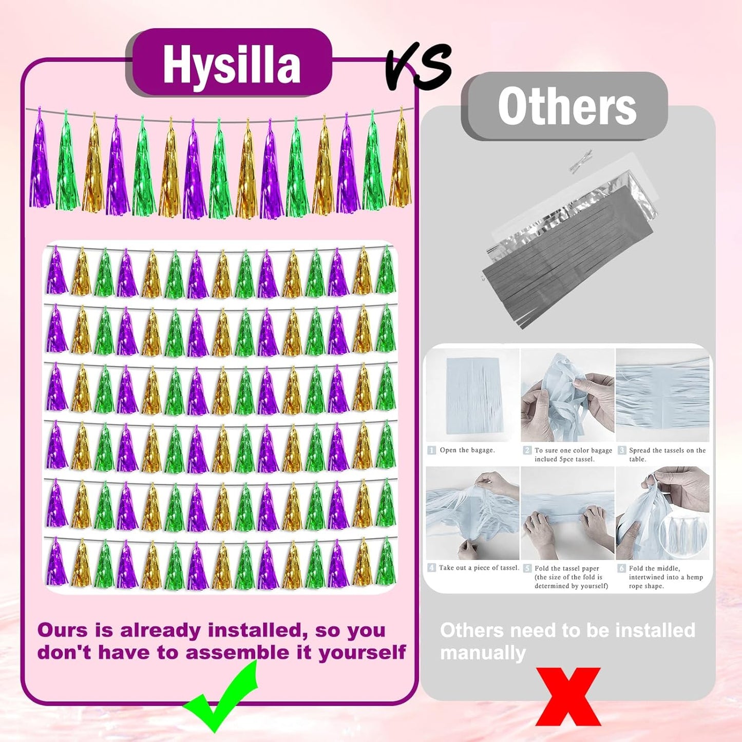 3P Purple Green Gold Foil Fringe Metallic Tassel Streamers Banner Tassel Garland for Parade Floats, Bachelorette, Wedding, Birthday, Halloween, Christmas, Bridal/Baby Shower Party Decorations