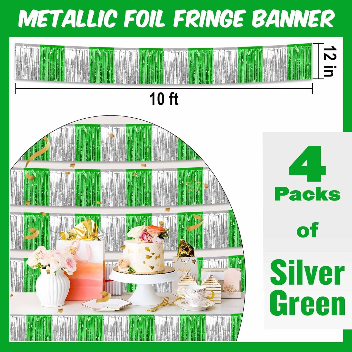 4 Pack 10 Ft Silver Green Foil Fringe Garland Metallic Streamers Tinsel Banner Wall Hanging Garland Backdrop for Parade Floats, Halloween, Christmas, Thanksgiving, New Year Party Decorations