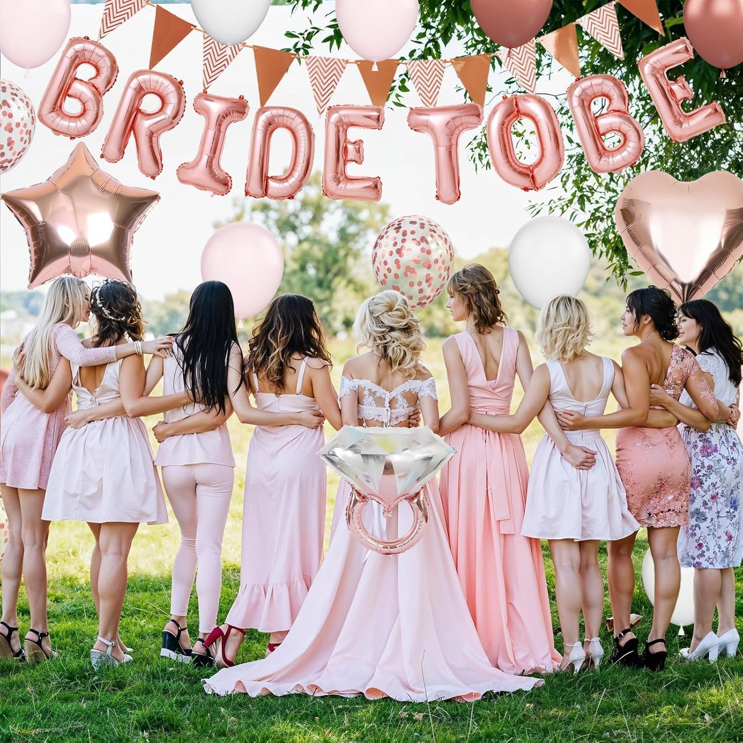 Rose Gold Bachelorette Party Decorations, Bride To Be Bridal Shower Balloons Decorations, Pink White Rose Gold Confetti Balloons and Diamond Ring Star Heart Balloon for Bachelorette Engagement Wedding