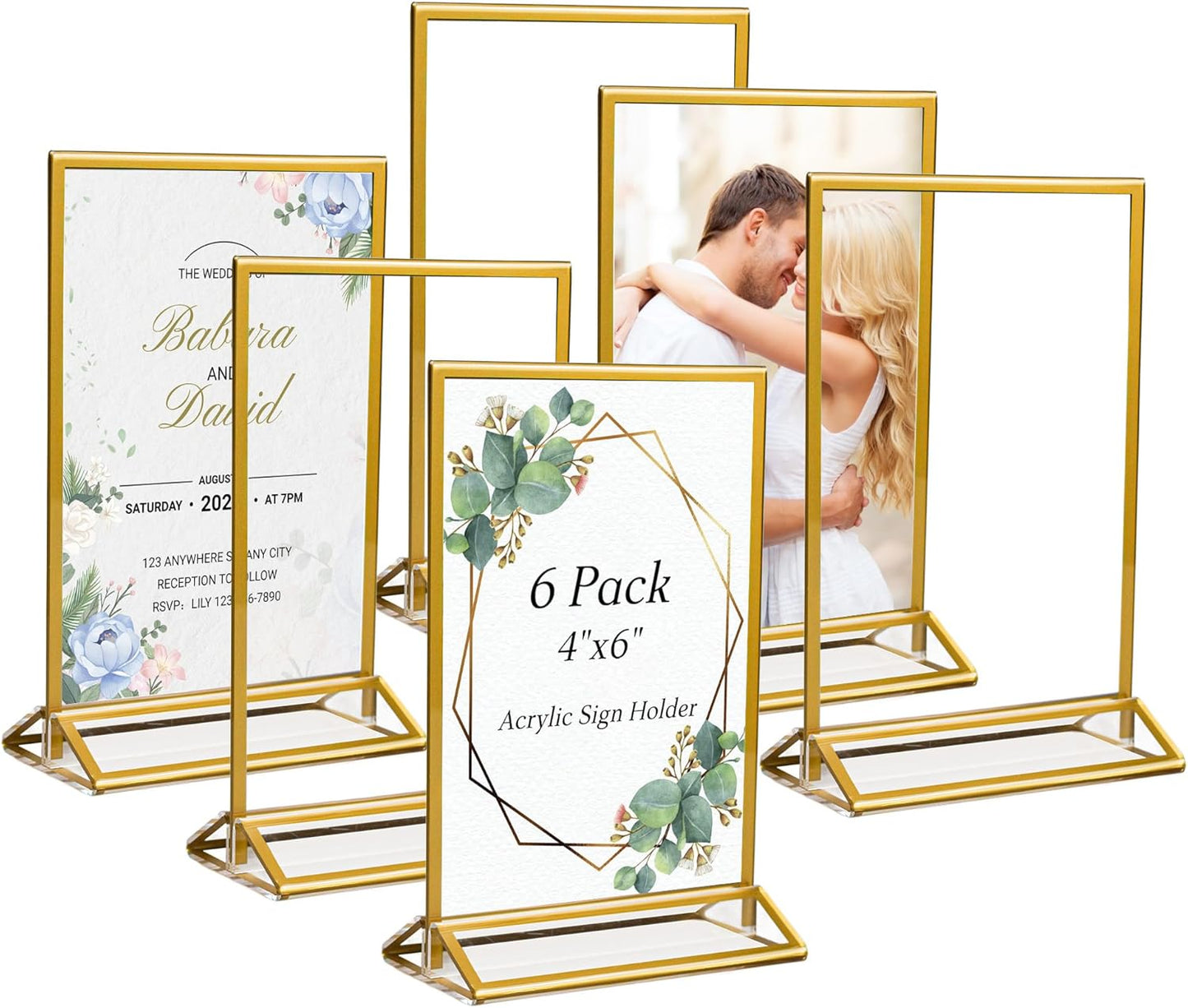 6 Pack Acrylic Sign Holder 4x6 Inches, Double-sided Picture Frames for Wedding Table Numbers Holders, Clear Menu Stand Table Top Display Sign Stand Flyer Holder Vertical Paper Holder,Gold Frames