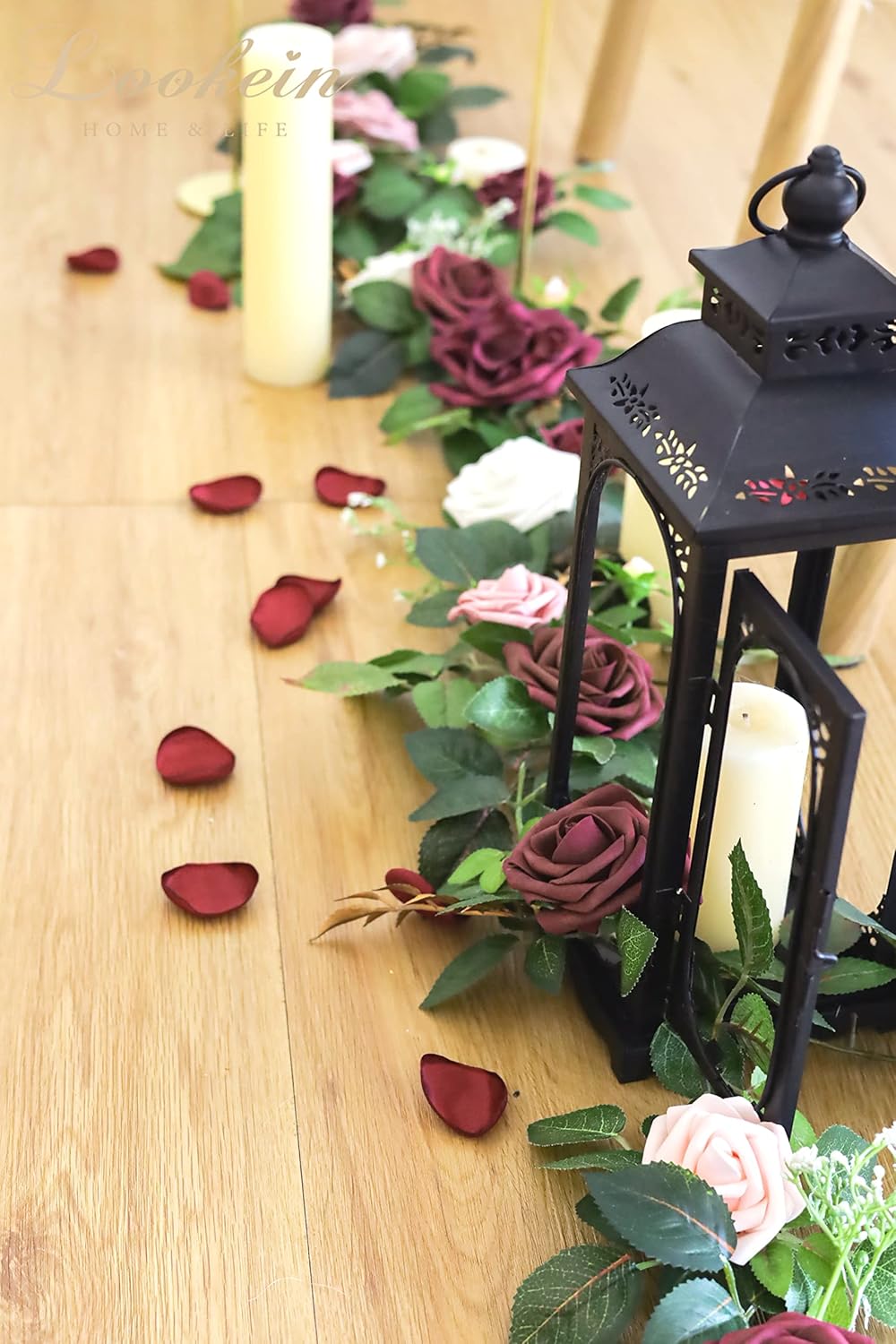 Lookein Artificial Rose Flower Garland Greenery Garland 5FT for Wedding Ceremony Backdrop Arch Flowers Table Centerpieces Decorations, Burgundy