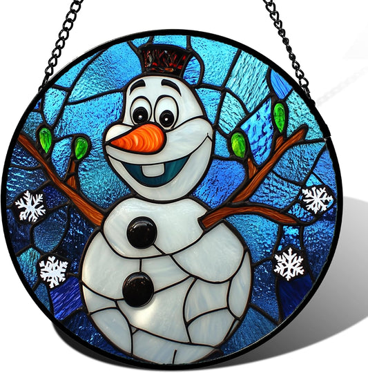 Stained Glass Window Hanging Christmas Funny Snowman 11.8" - Suncatcher Door Garden Blue White Snowflakes Sun Catcher New Year Birthday for Friend Mom Men Woman Nana