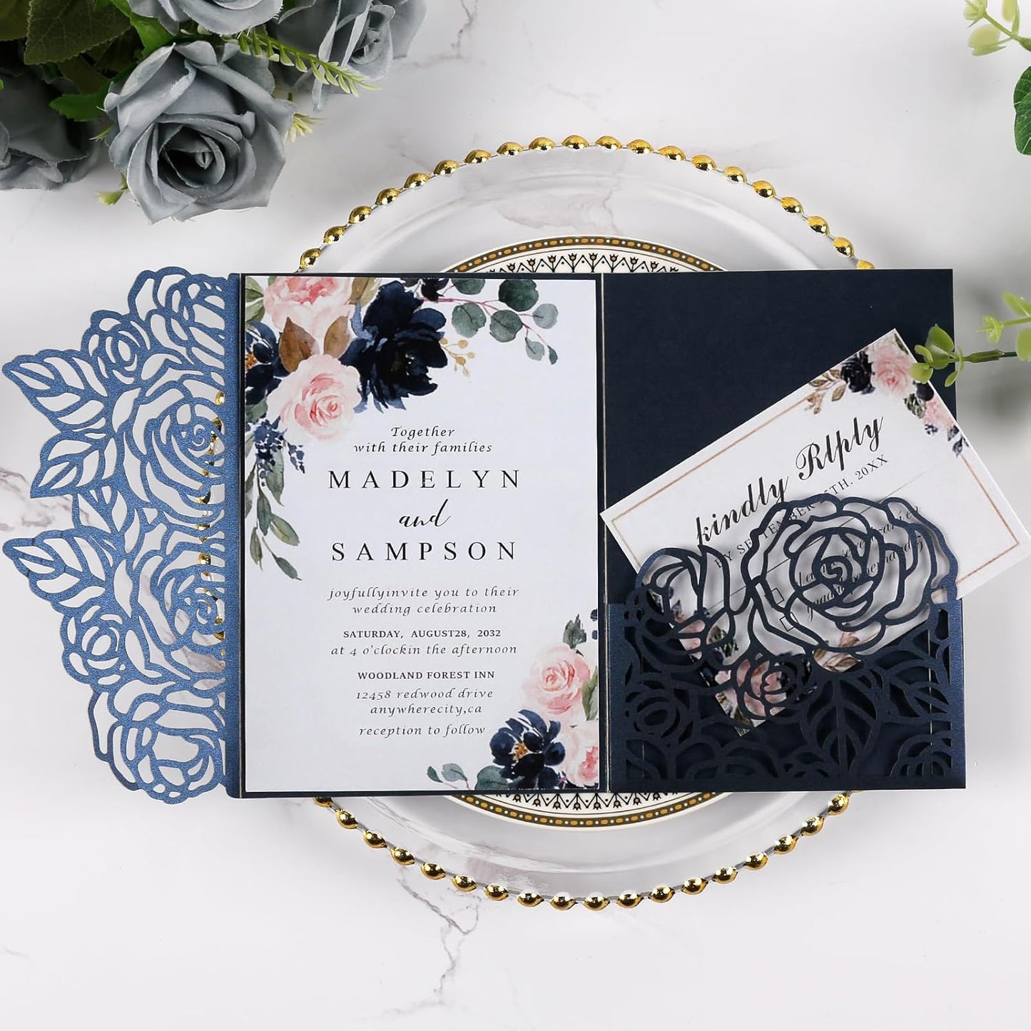 50pcs 250GSM Tri-Fold Wedding Invitations with Envelopes and RSVP Cards Laser Cut Hollow Wedding Invitation Kit for Wedding Engagement Bridal Shower Party Invite 5X7 Inch Navy Blue