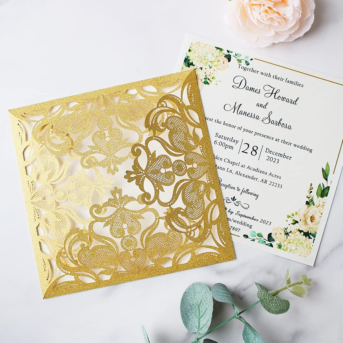 Hosmsua 50PCS Personalized Gold Laser Cut Wedding invitation Cards With Envelopes 6.3 x 6.3 Inch Hollow Lace Rose Invitation Pocket for Engagement Wedding Bridal Shower Invite (Gold Glitter)