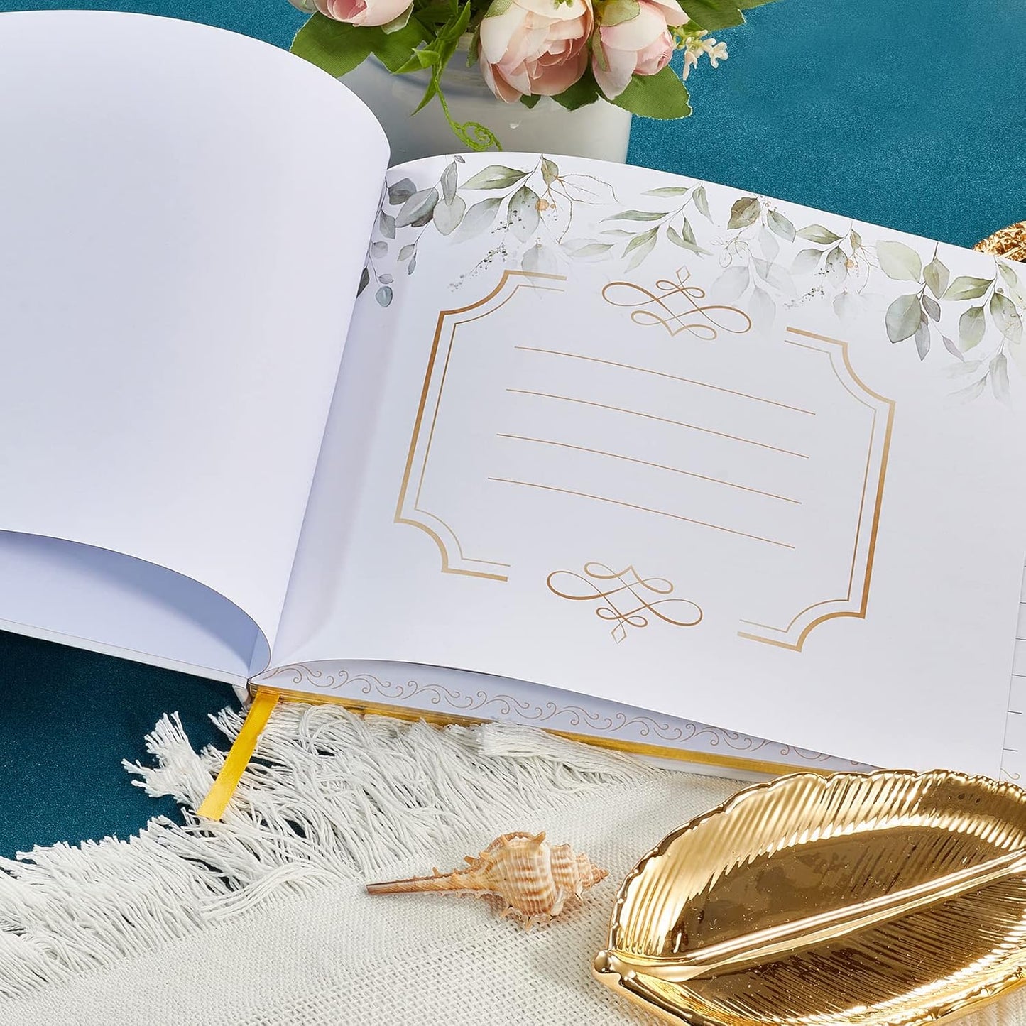 TRULIVA Wedding Guest Book - Guest Sign in Book - Wedding Reception Registry Book - Hard Cover, 7" x 9" (Eucalyptus Gold Foil, Book)