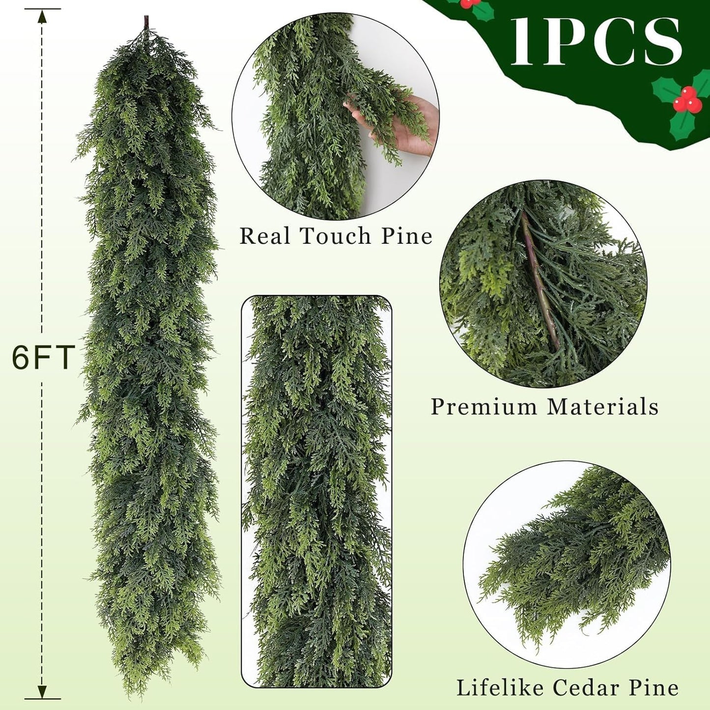Christmas Cedar Garland - 6ft Artificial Cedar Garland Faux Lush Green Fake Pine Needles for Fireplace,Table,Window,Stairs,Mante,Holiday Indoor Outdoor Xmas Decor(1PCS)