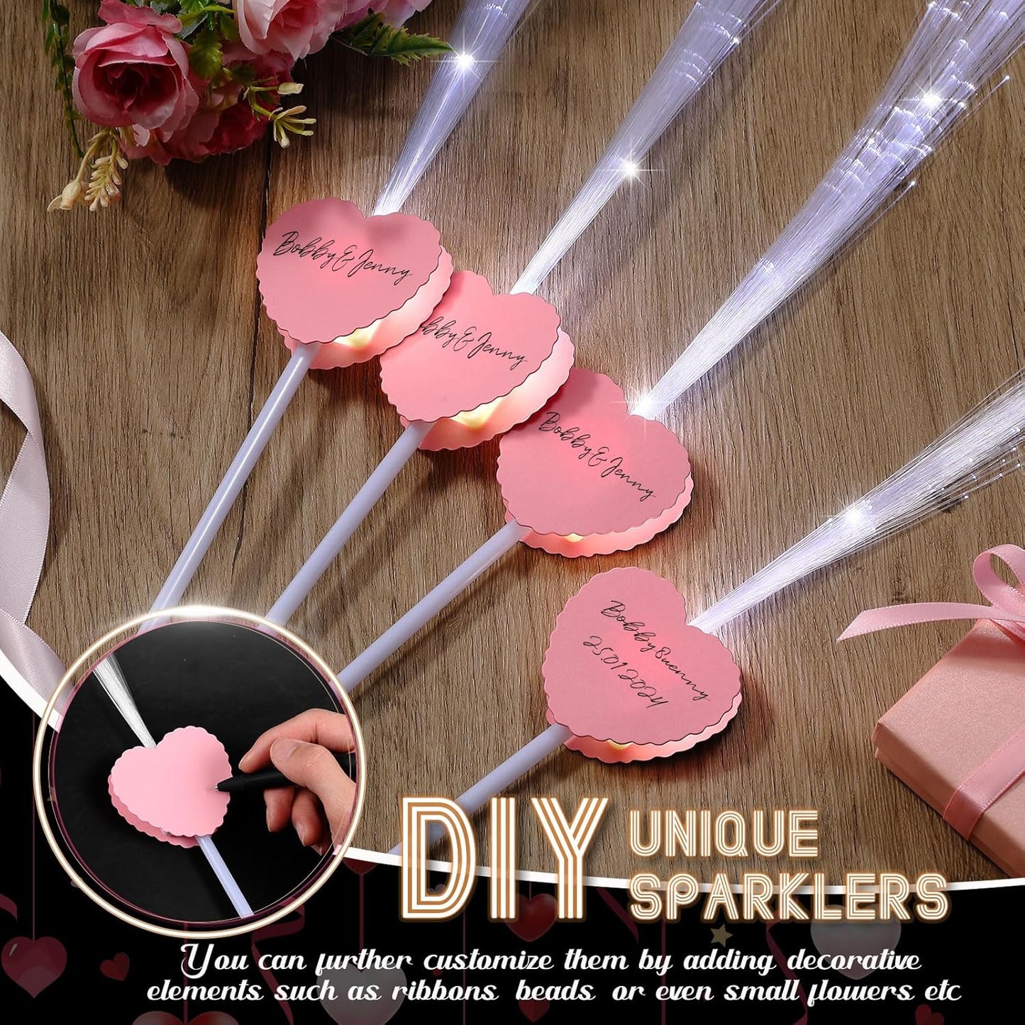 24 Pcs Wedding Sparklers Heart Shaped LED Glow Sticks Fiber Optic Wands Light up Wand with 3 Light Mode for Wedding Bridal Shower Birthday Glow in the Dark Party Supplies (Pink)